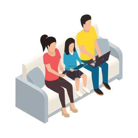 Illustration for Internet gadget addiction isometric concept with family using smartphone tablet and laptop vector illustration - Royalty Free Image