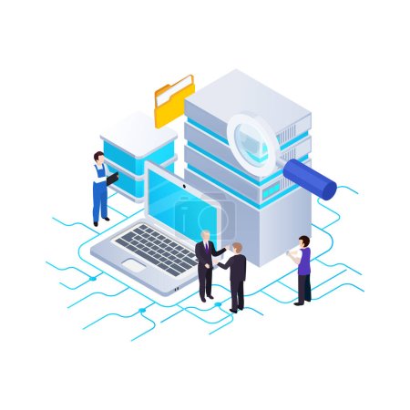 Illustration for Big data transfer processing analysis storage isometric concept with human characters 3d vector illustration - Royalty Free Image