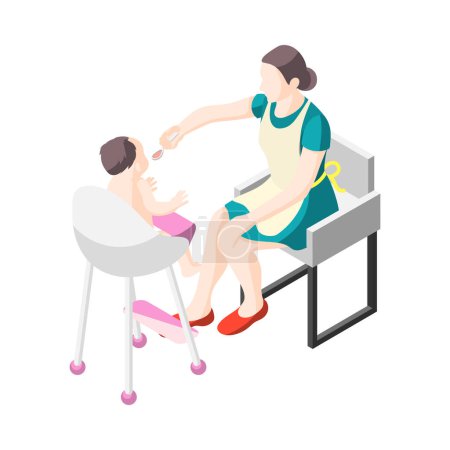 Téléchargez les illustrations : Femme au foyer en tablier nourrissant bébé illustration vectorielle isométrique - en licence libre de droit