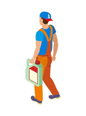 Illustration for Auto service mechanic in uniform holding canister isometric icon 3d vector illustration - Royalty Free Image