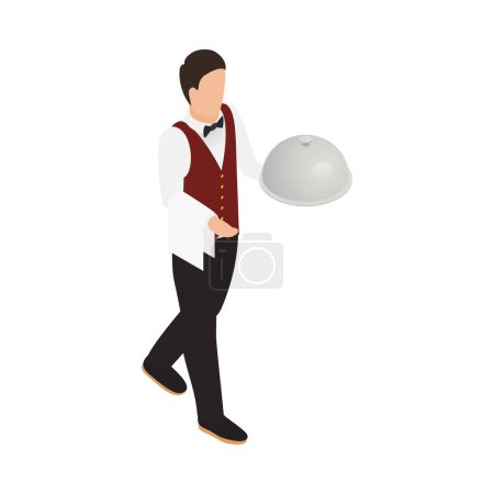 Téléchargez les illustrations : Icône isométrique du personnel de l'hôtel ou du restaurant avec serveur portant l'illustration vectorielle cloche argentée - en licence libre de droit