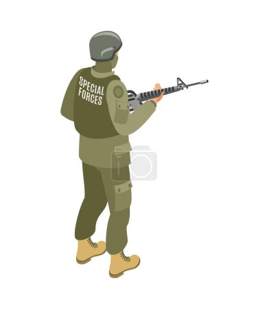 Illustration for Military special forces soldier with weapon back view isometric icon 3d vector illustration - Royalty Free Image