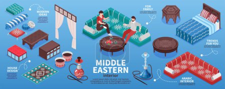 Middle eastern style interior infographic set with furniture design isometric vector illustration