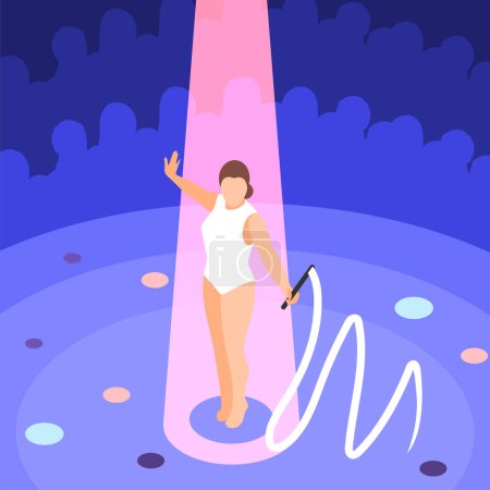 Illustration for Gymnastics isometric background composition with view of stage spotlight and girl with ribbon and audience silhouettes vector illustration - Royalty Free Image