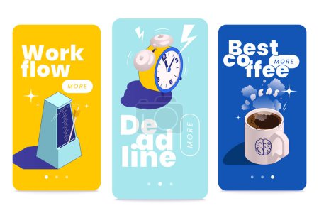 Illustration for Set of three vertical productivity improvement boosting isometric banners with editable text clickable buttons and images vector illustration - Royalty Free Image