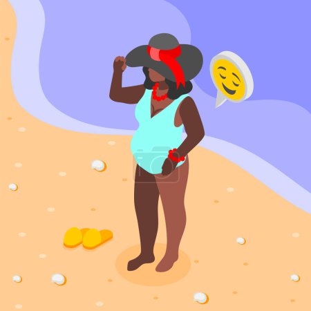 Illustration for Happy overweight woman wearing swimsuit and summer hat in background with sea and beach isometric 3d vector illustration - Royalty Free Image
