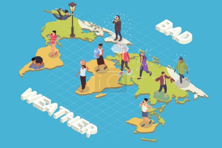 Illustration for Bad weather isometric vector illustration with residents of different geographical areas of planet standing on world map - Royalty Free Image
