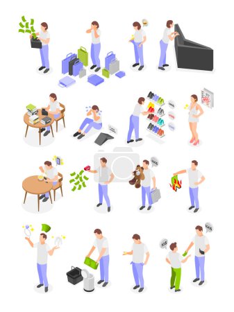 Illustration for Excess spending isometric set with human characters and icons of empty wallet shopping bags and money vector illustration - Royalty Free Image