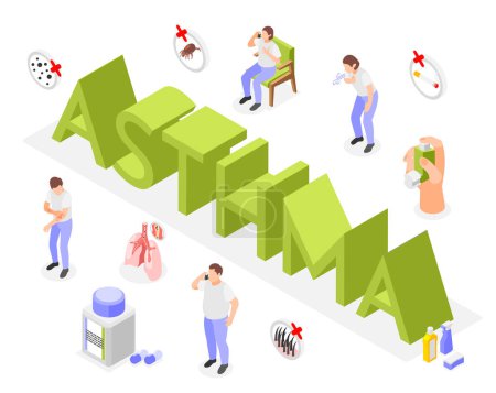Ilustración de Síntomas del asma y tratamiento composición isométrica con texto en 3D rodeado de iconos de la medicación y personajes humanos ilustración vectorial - Imagen libre de derechos