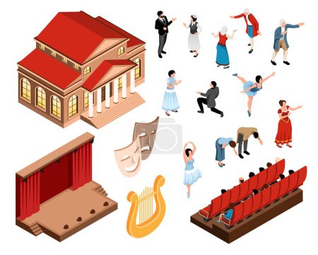 Théâtre isométrique couleur jeu d'acteurs acteurs danseurs spectateurs scène auditorium théâtre bâtiment isolé à fond blanc vecteur illustration