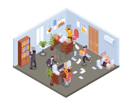 Illustration for Isometric office chaos composition with isolated view of working place in paperwork mess with mad workers vector illustration - Royalty Free Image