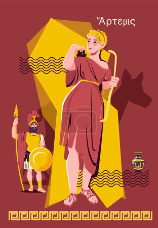 Téléchargez les illustrations : Olympienne dieux plat collage affiche belle femme déesse pose dans une tenue brune et rouge derrière elle se tient un soldat grec dans une illustration vectorielle uniforme militaire - en licence libre de droit