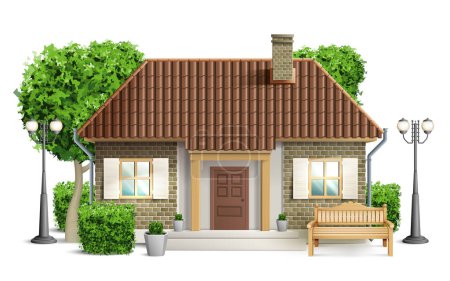 Illustration for Realistic cottage composition clean cut new cottage with a brown roof stands among the trees vector illustration - Royalty Free Image