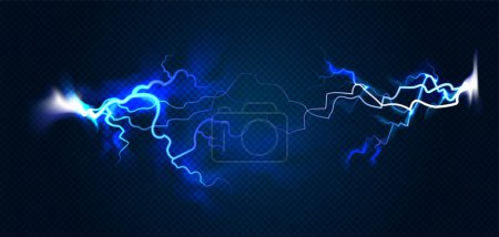 Lightning realistic composition with bright blue glowing neon discharges at transparent background vector illustration