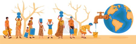 Illustration for Water scarcity flat concept composition with human characters of starving people pouring water from earth globe vector illustration - Royalty Free Image