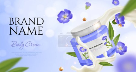 Illustration for Realistic flax poster with body cream can and flowers vector illustration - Royalty Free Image