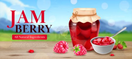 Illustration for Realistic jam poster with ripe berries in can vector illustration - Royalty Free Image