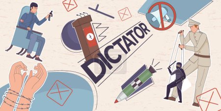 Illustration for Dictatorship politic flat composition with collage of conceptual icons puppets nuclear bombs and freedom limitation symbols vector illustration - Royalty Free Image