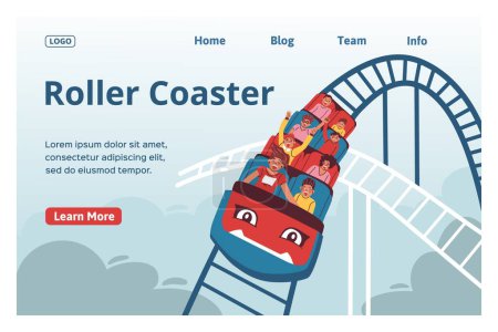 Illustration for Roller coaster web site landing page with flat images of people in amusement park text links vector illustration - Royalty Free Image