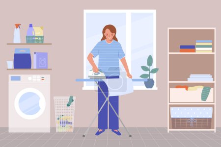 Ilustración de Lavadero interior con lavadora estante con toallas limpias detergentes y planchado mujer vector ilustración - Imagen libre de derechos