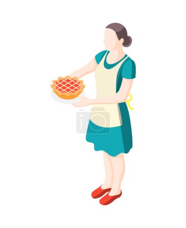 Téléchargez les illustrations : Plaque de maintien femme au foyer avec icône isométrique tarte maison illustration vectorielle 3d - en licence libre de droit