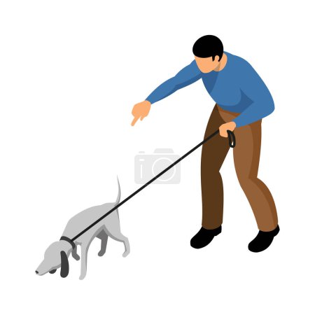 Männlicher Kynologe trainiert Hund an der Leine isometrische Symbolvektorabbildung