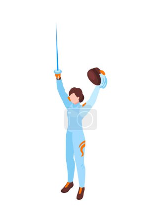 Illustration for Isometric female fencer winner holding sword and mask vector illustration - Royalty Free Image