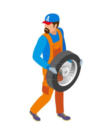 Téléchargez les illustrations : Auto service mécanicien tenant roue pneumatique icône isométrique illustration vectorielle 3d - en licence libre de droit