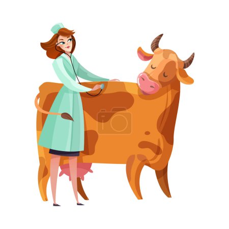 Téléchargez les illustrations : Vétéran féminin souriant examinant la vache avec l'illustration de vecteur plat de stéthoscope - en licence libre de droit
