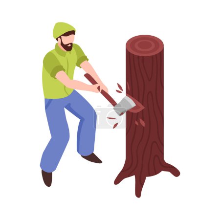 Lumberjack cutting down tree trunk with axe isometric icon 3d vector illustration