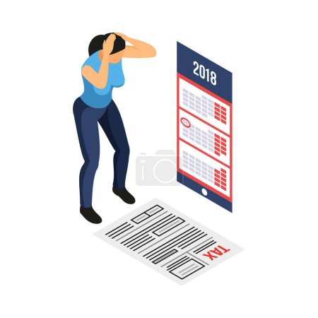 Illustration for Frustrated woman worrying about tax paying isometric icon 3d vector illustration - Royalty Free Image