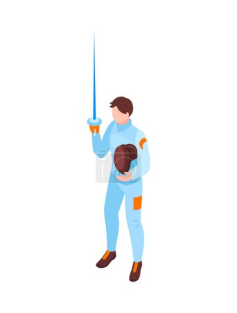Illustration for Male fencer holding sword and mask on white background isometric vector illustration - Royalty Free Image