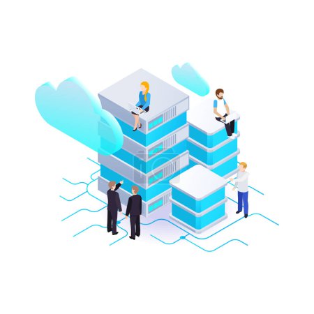 Illustration for Big data transfer processing cloud storage 3d glow isometric concept with human characters vector illustration - Royalty Free Image