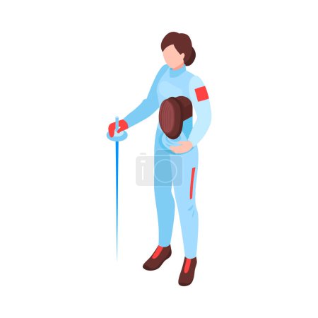 Illustration for Isometric human character of female fencer with sword and mask vector illustration - Royalty Free Image