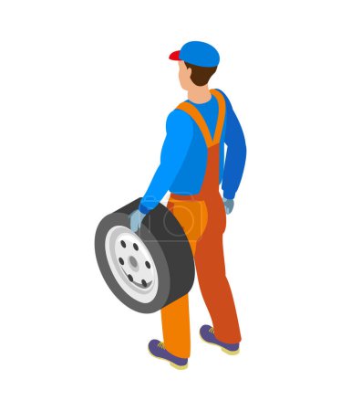 Illustration for Isometric mechanic character in uniform holding tyred wheel back view vector illustration - Royalty Free Image