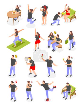 Illustration for Happy confident overweight people enjoying life doing sport dancing walking isometric set isolated vector illustration - Royalty Free Image