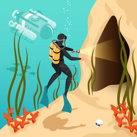 Underwater exploration isometric cartoon background with scuba diver illuminating underwater cave with flashlight vector illustration