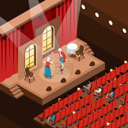 Téléchargez les illustrations : Fragment isométrique de l'auditorium de théâtre avec des acteurs jouant sur scène et l'illustration vectorielle du spectateur - en licence libre de droit