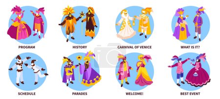 Illustration for Isometric venetian costumes carnival set of compositions with text and different outfits for carnival of venice vector illustration - Royalty Free Image