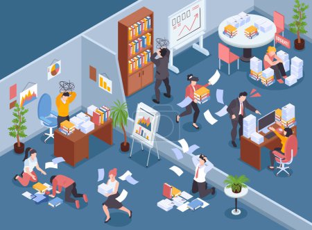 Illustration for Isometric office chaos background composition with indoor office scenery and crazy coworkers running shouting throwing papers vector illustration - Royalty Free Image