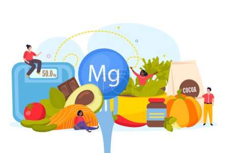 Illustration for High in magnesium foods composition in flat style with human characters and scales vector illustration - Royalty Free Image
