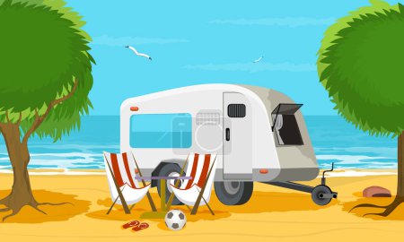 Illustration for Summer vacation flat color background with recreational trailer on ocean shore vector illustration - Royalty Free Image