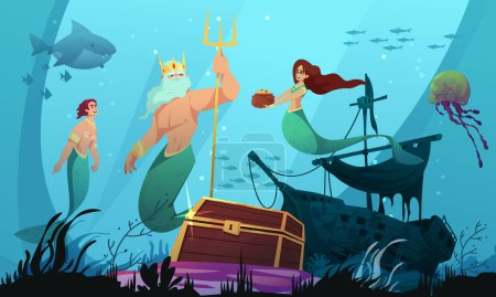 Illustration for Underwater world cartoon concept with mermaids and poseidon vector illustration - Royalty Free Image