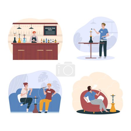 Illustration for Isolated hookah bar flat icon set the bartender stands behind the bar, the hookah keeper changes coals and people smoke vector illustration - Royalty Free Image