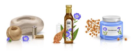 Illustration for Realistic flax composition set with food weaving and cosmetic products isolated vector illustration - Royalty Free Image