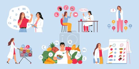 Illustration for Nutritionist and diet set with vitamin symbols flat isolated vector illsutration - Royalty Free Image
