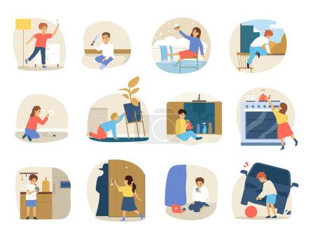 Illustration for Children dangerous situations flat icon set children play with matches the knife water sockets medications and other dangerous things vector illustration - Royalty Free Image