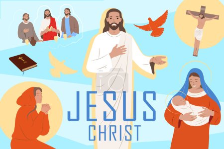 Illustration for Jesis christ life flat collage with his mother mary and crucifixion vector illustration - Royalty Free Image