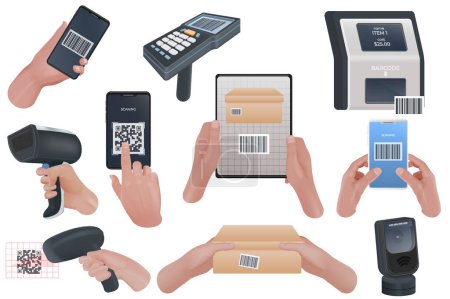 Ilustración de Conjunto de códigos de escaneo de iconos realistas con manos humanas aisladas sosteniendo etiquetas de escáneres y cajas de cartón ilustración vectorial - Imagen libre de derechos