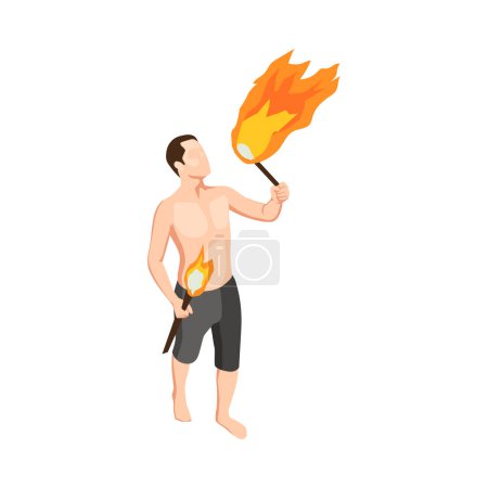 Téléchargez les illustrations : Illustration vectorielle de mangeur de feu cirque masculin isométrique - en licence libre de droit